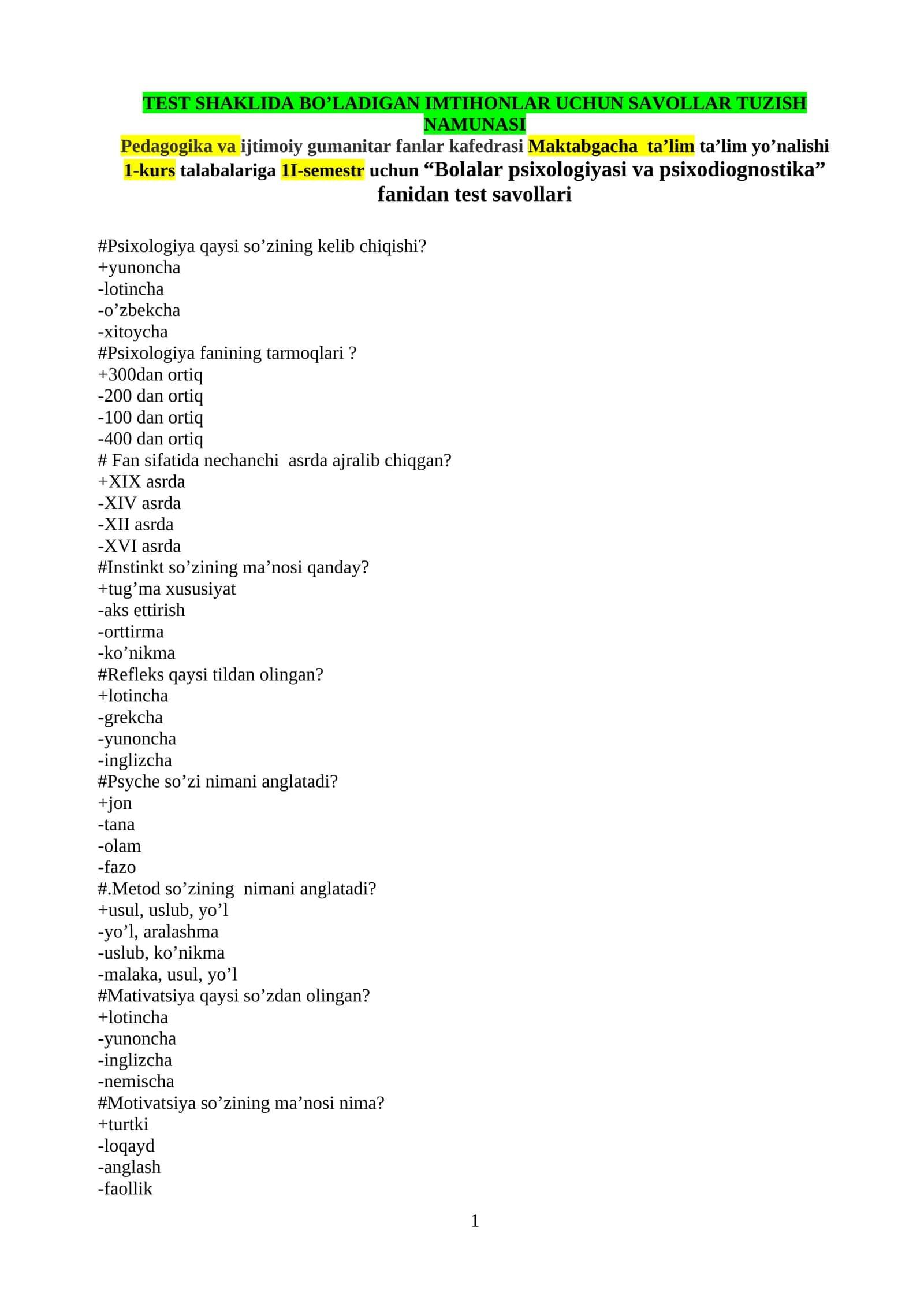 TEST SHAKLIDA BO’LADIGAN IMTIHONLAR UCHUN SAVOLLAR TUZISH NAMUNASI