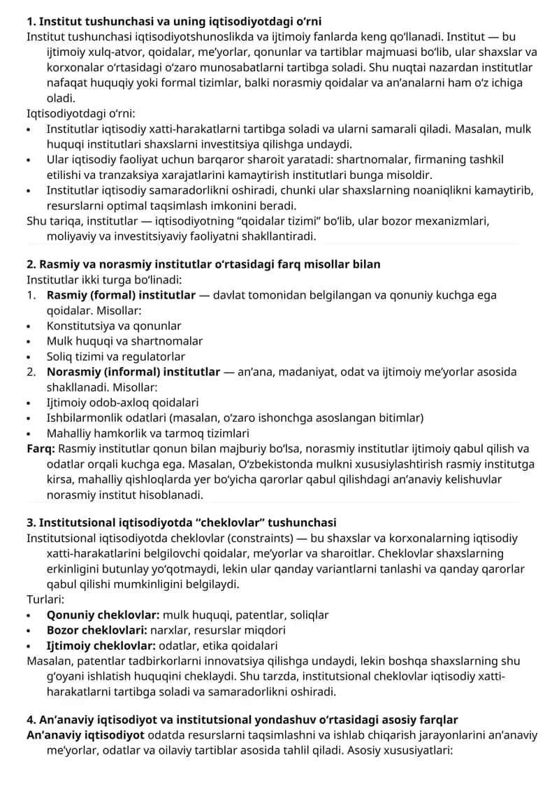 Institut tushunchasi va uning iqtisodiyotdagi o‘rni