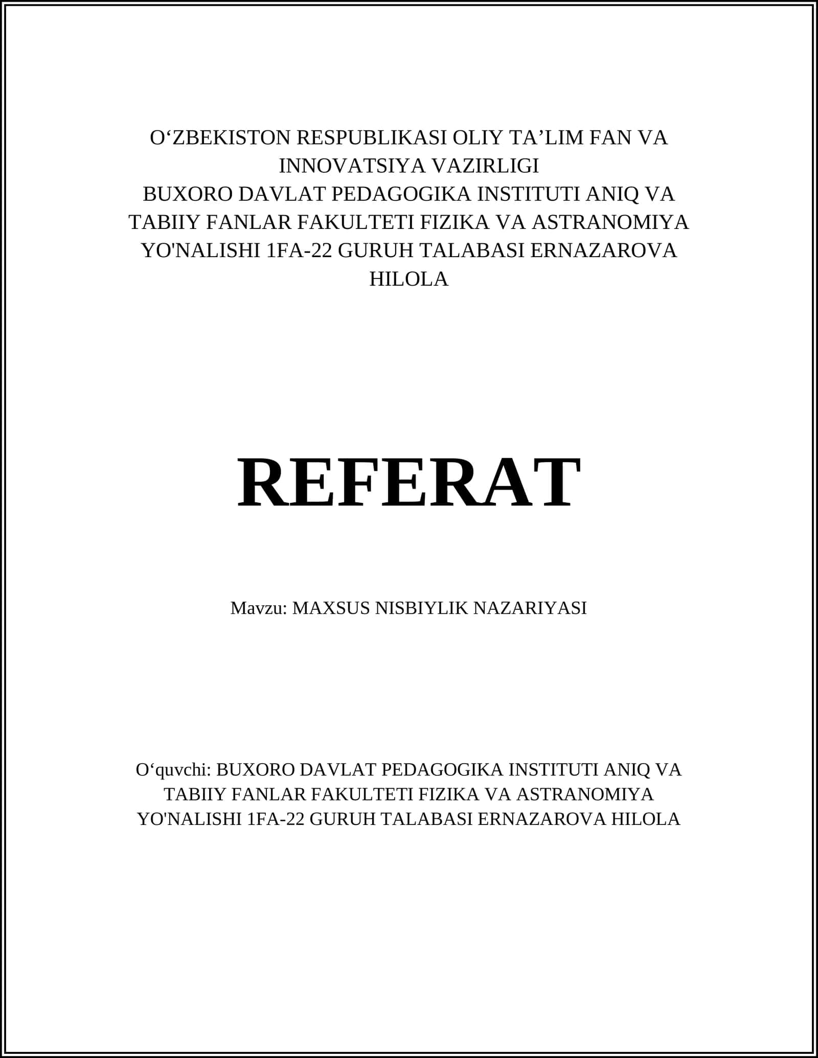 MAXSUS NISBIYLIK NAZARIYASI
