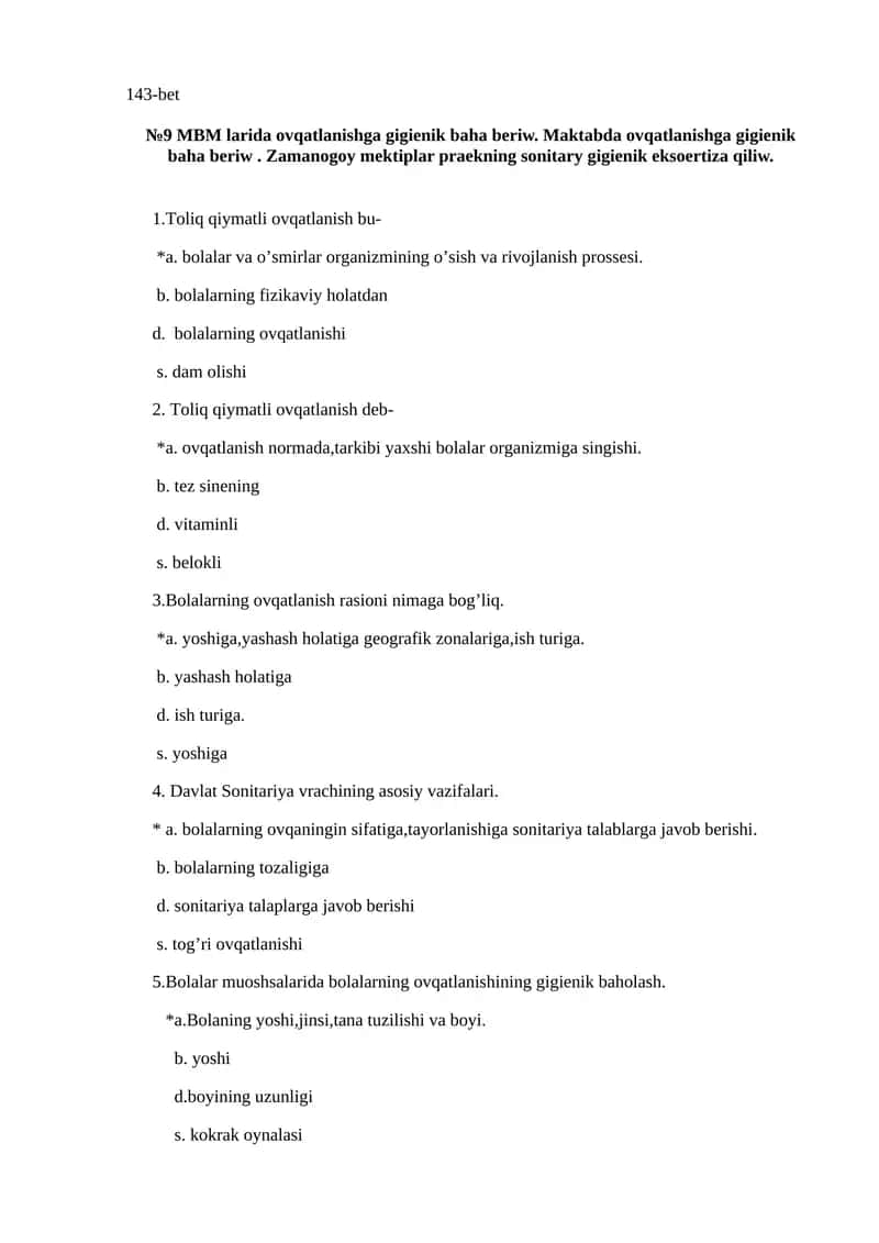 MBM larida ovqatlanishga gigienik baha beriw. Maktabda ovqatlanishga gigienik baha beriw