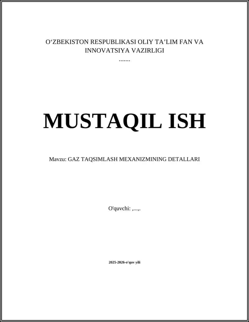 GAZ TAQSIMLASH MEXANIZMINING DETALLARI