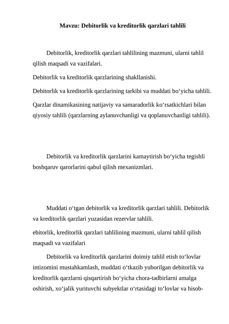 Debitorlik va kreditorlik qarzlari tahlili