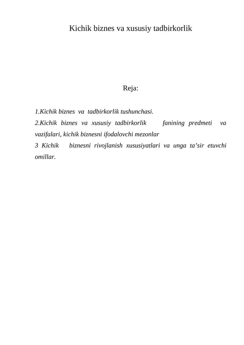 Kichik biznes va xususiy tadbirkorlik