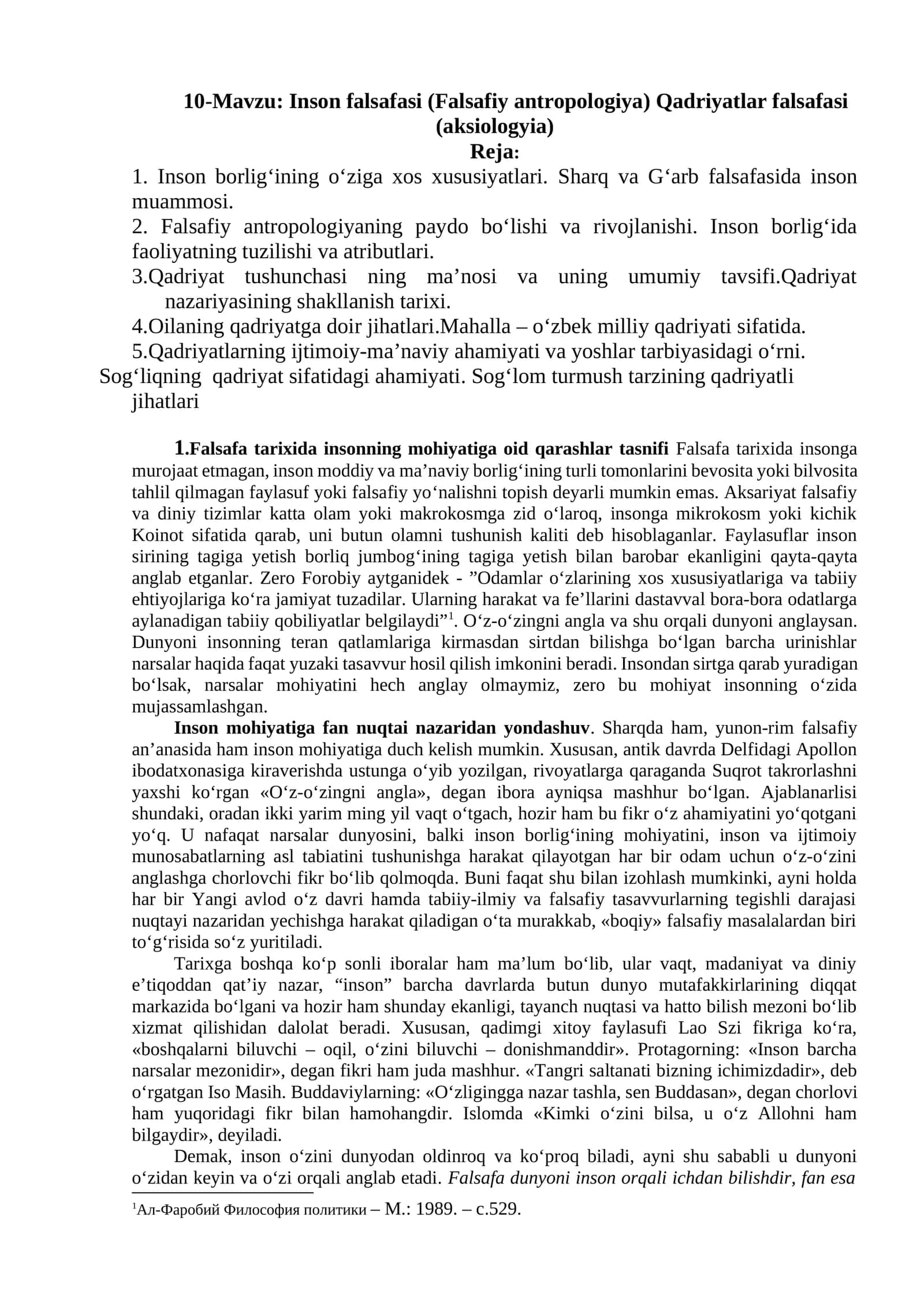 Inson falsafasi (Falsafiy antropologiya) Qadriyatlar falsafasi (aksiologyia)