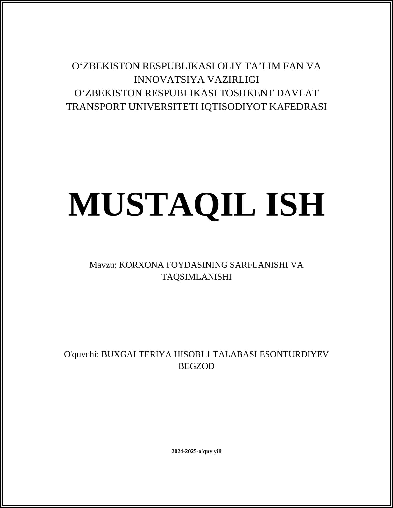 KORXONA FOYDASINING SARFLANISHI VA TAQSIMLANISHI