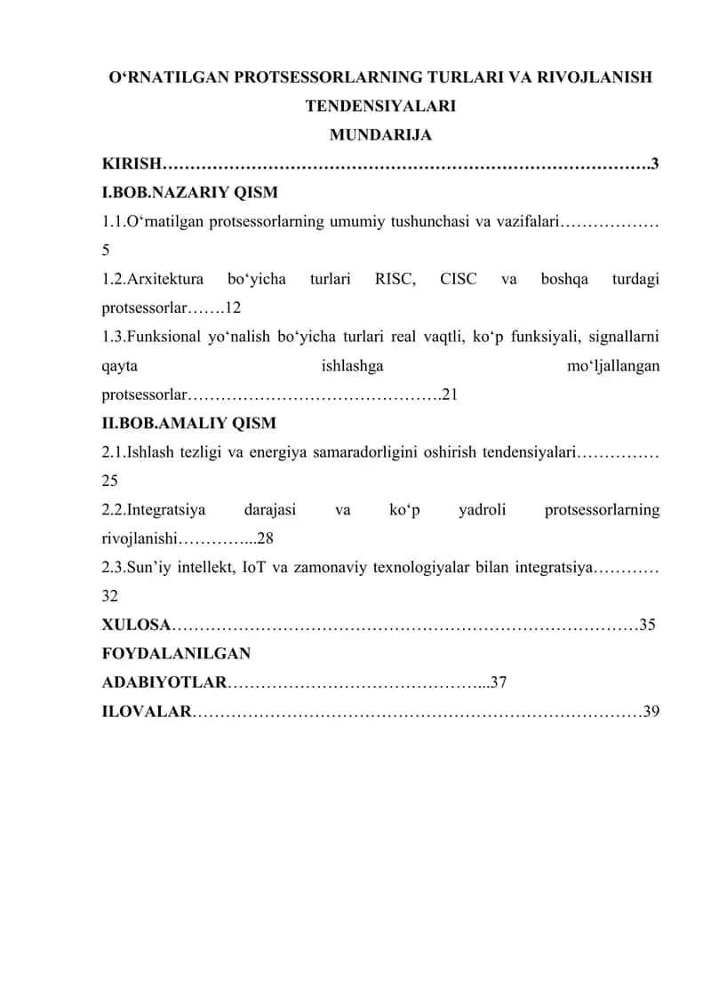 O‘rnatilgan Protseessorlarning Turlari va Rivojlanish Tendensiyalari