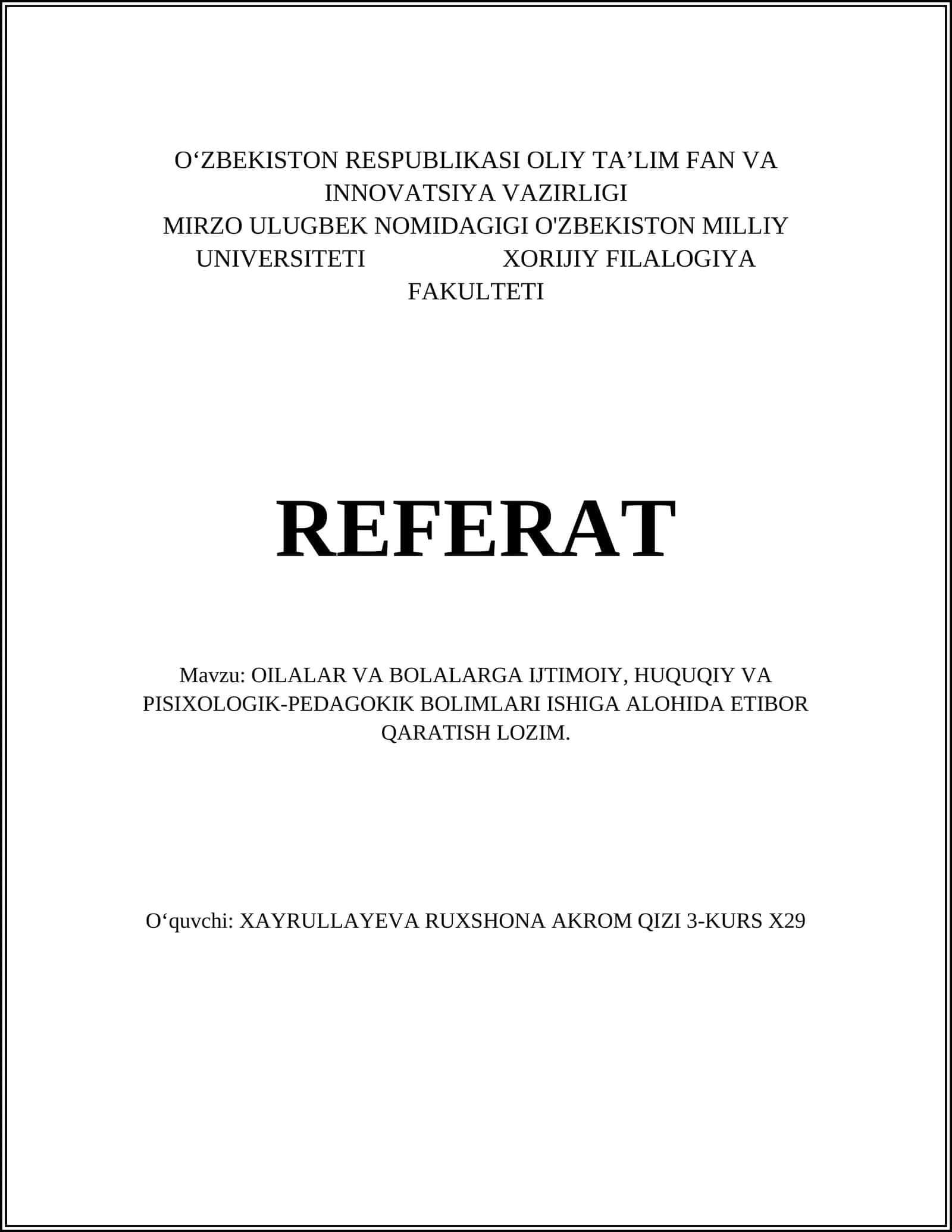 Oila va bolalarni ijtimoiy himoya qilish tizimi