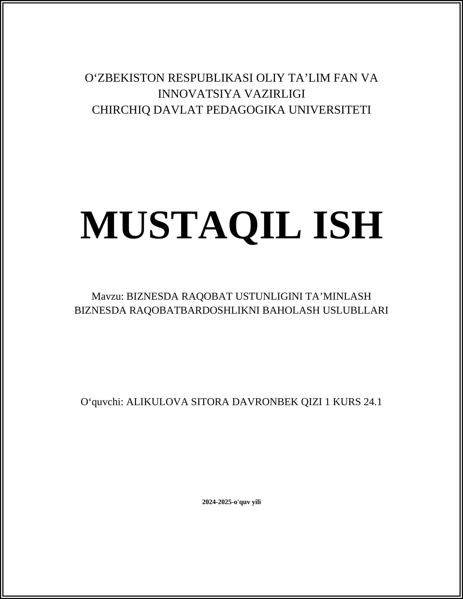 BIZNESDA RAQOBAT USTUNLIGINI TA’MINLASH BIZNESDA RAQOBATBARDOSHLIKNI BAHOLASH USLUBLLARI