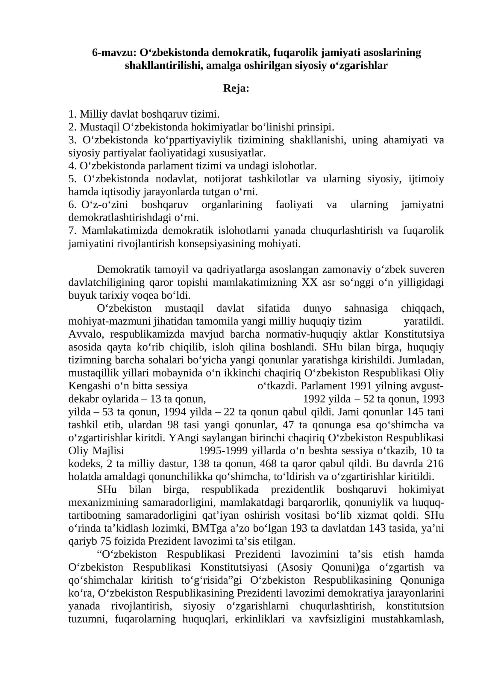 O‘zbekistonda demokratik, fuqarolik jamiyati asoslarining shakllantirilishi, amalga oshirilgan siyosiy o‘zgarishlar