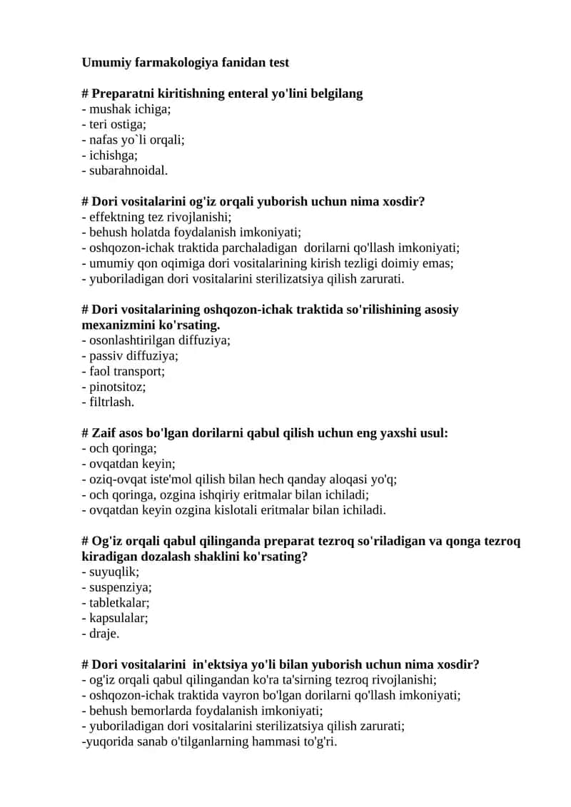Umumiy farmakologiya fanidan test