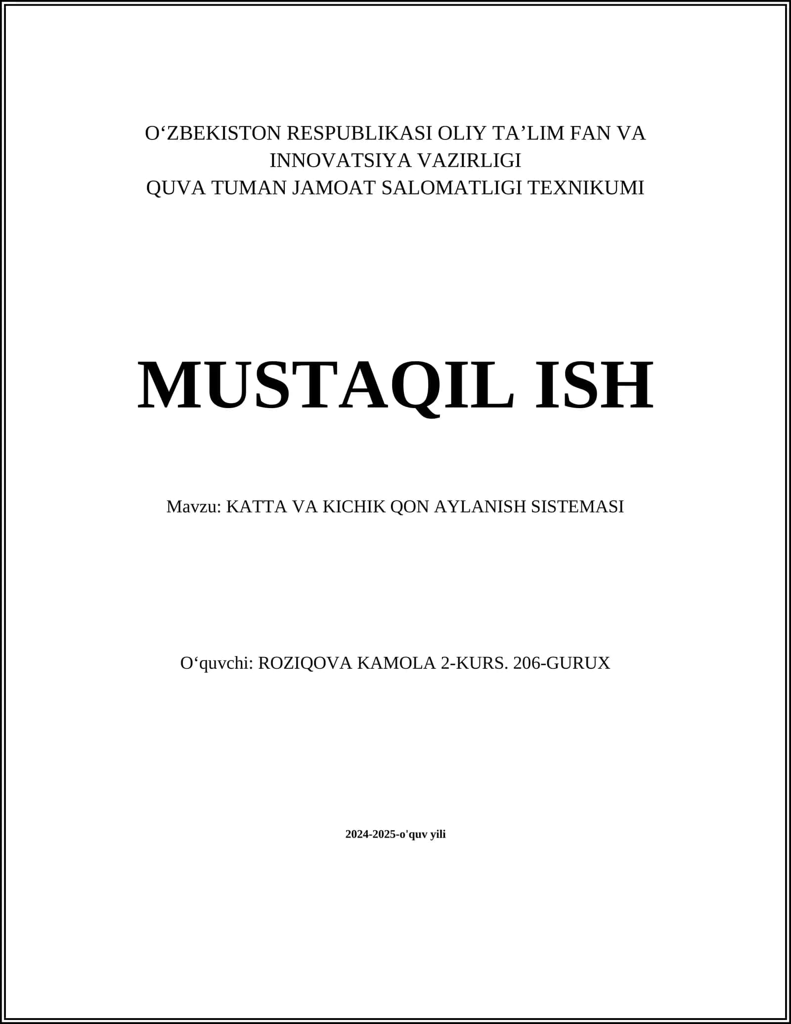 KATTA VA KICHIK QON AYLANISH SISTEMASI