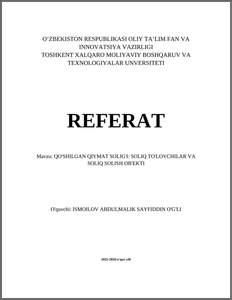QO'SHILGAN QIYMAT SOLIG'I REFERAT
