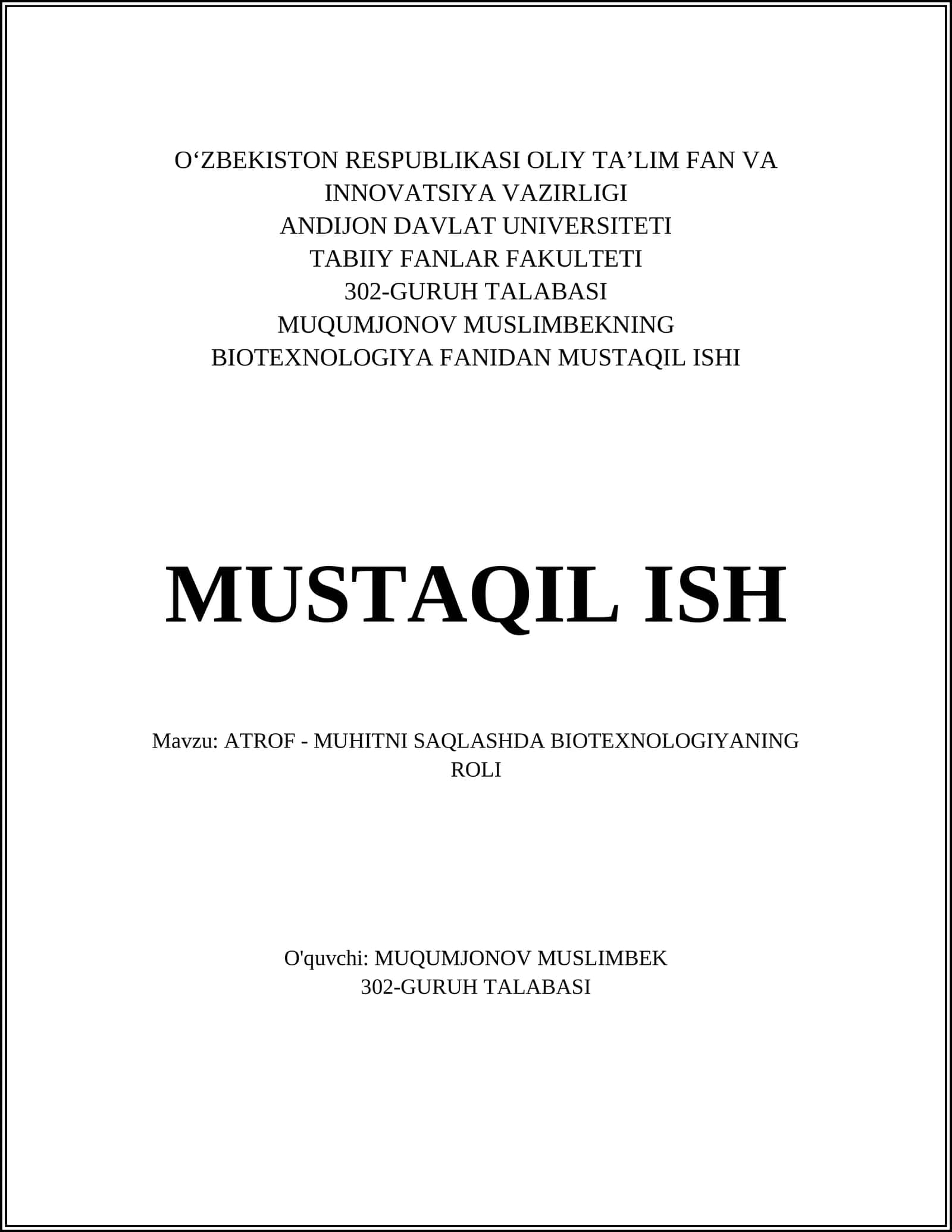 Biotexnologiyadan mustaqil ish
