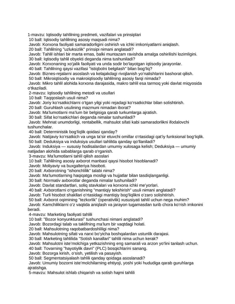 Iqtisodiy tahlil fanidan mavzuli va balli savollar (qo'shimcha)