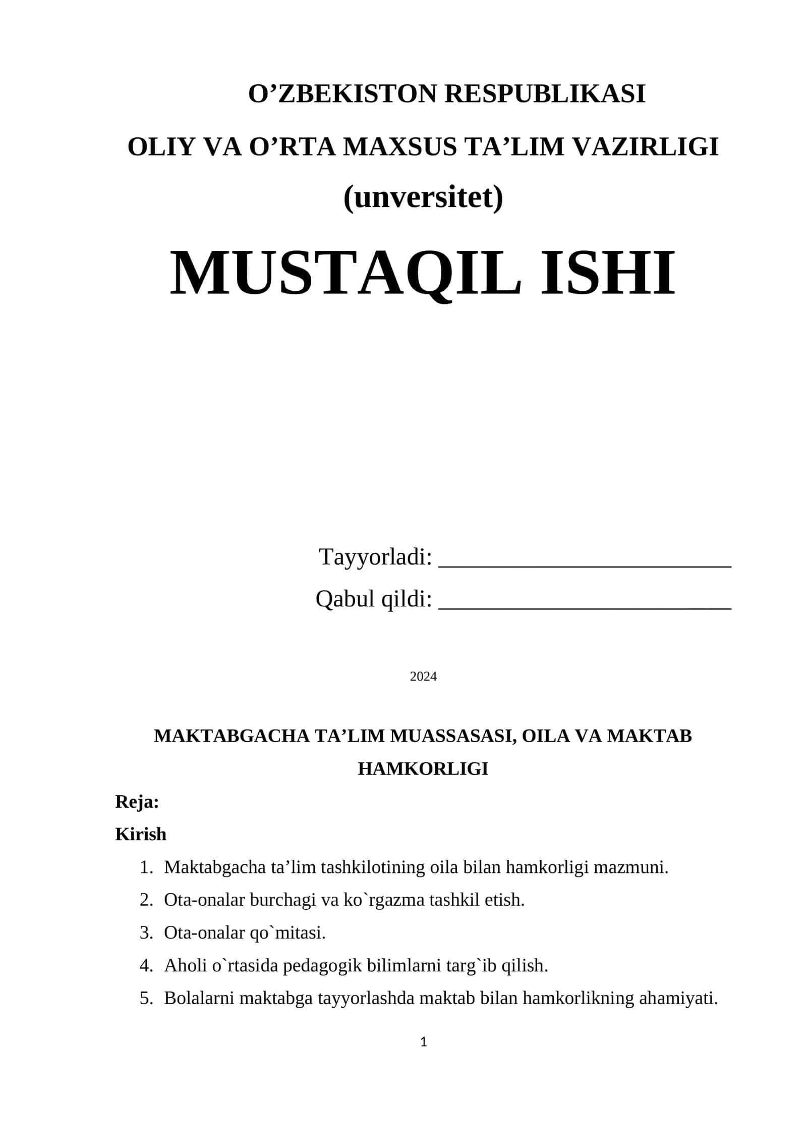 Maktabgacha ta'lim muassasasi, oila va maktab hamkorligi