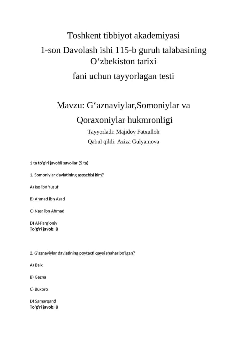1-son Davolash ishi 115-b guruh talabasining O‘zbekiston tarixi fani uchun tayyorlagan testi