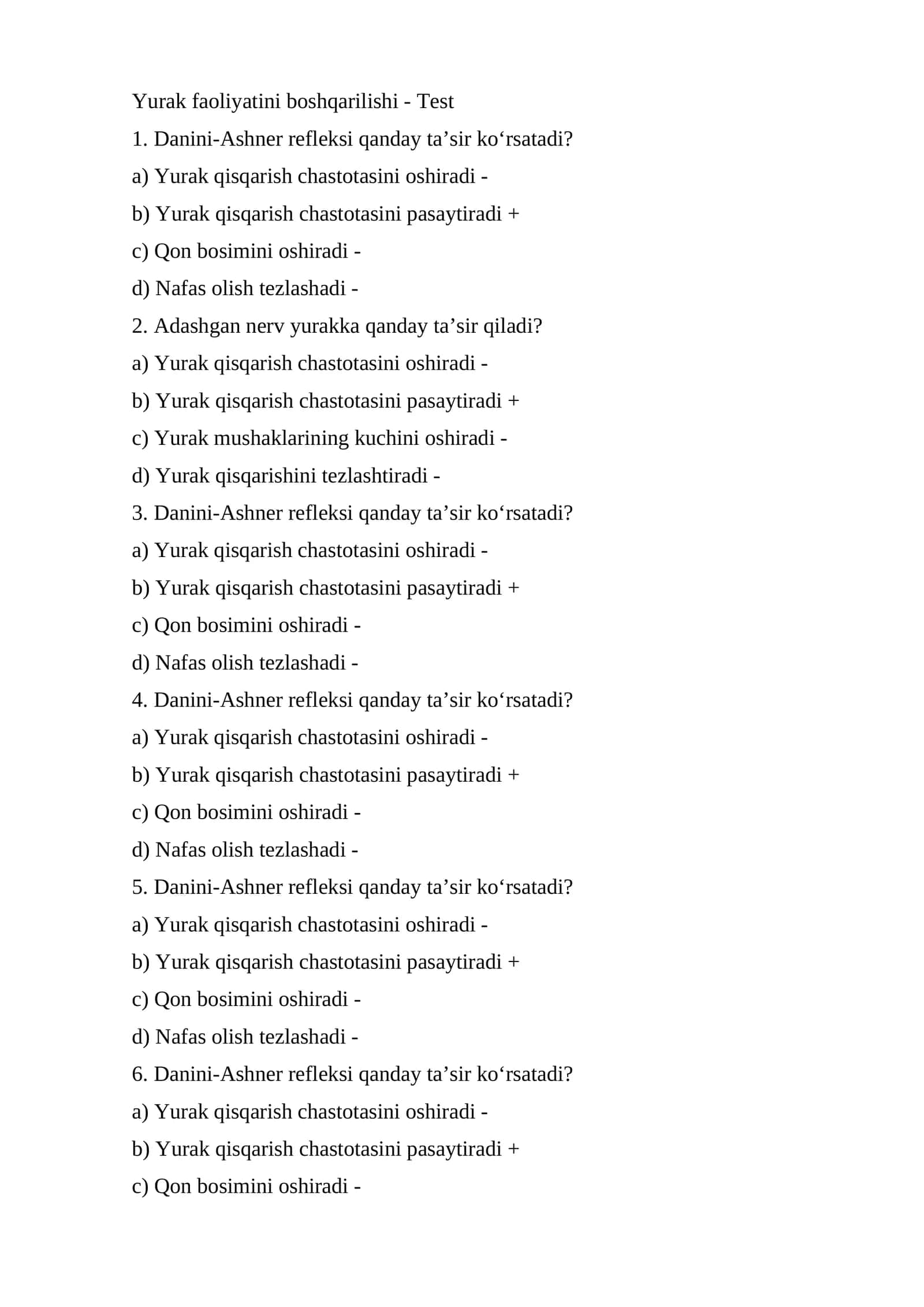 Yurak faoliyatini boshqarilishi - Test