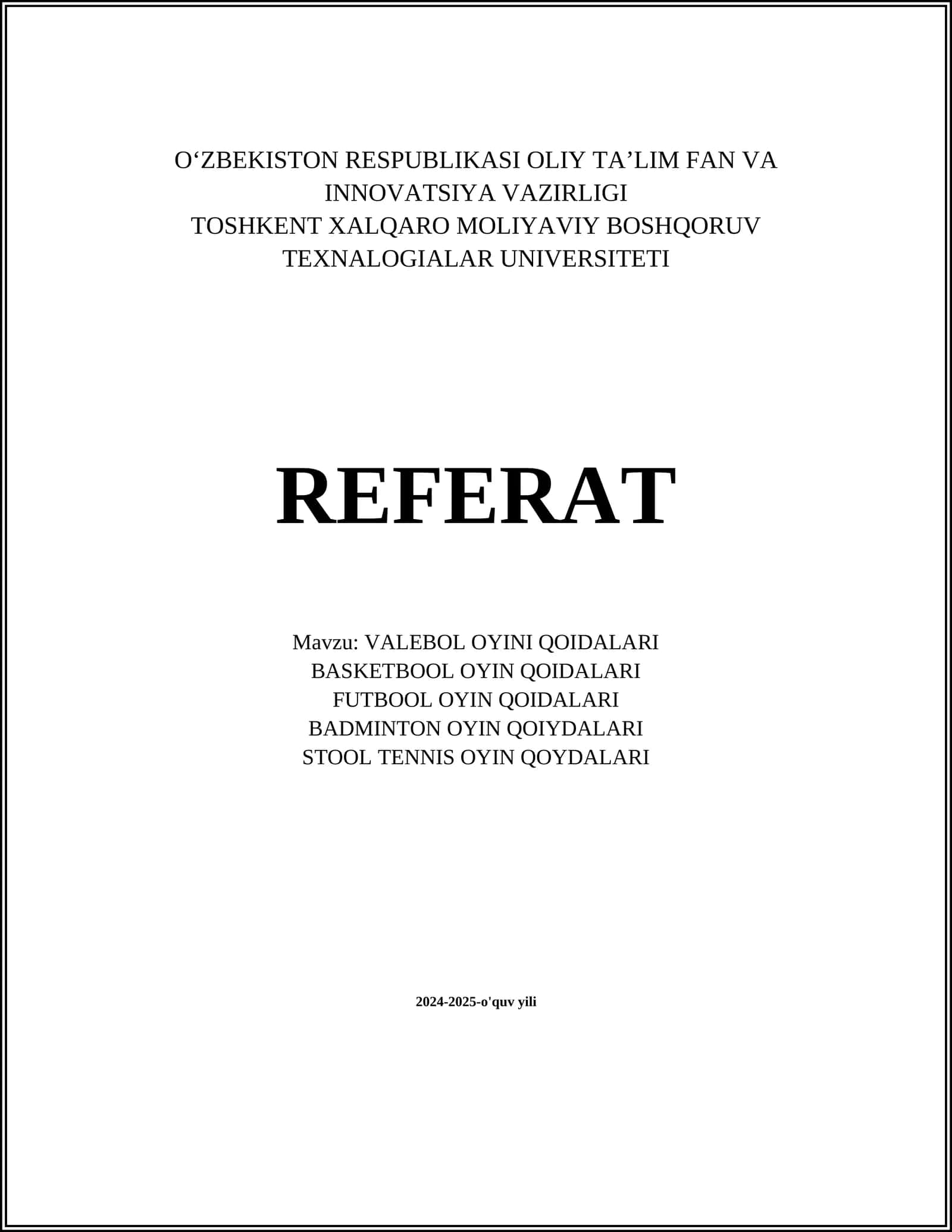 VALEBOL OYINI QOIDALARI
