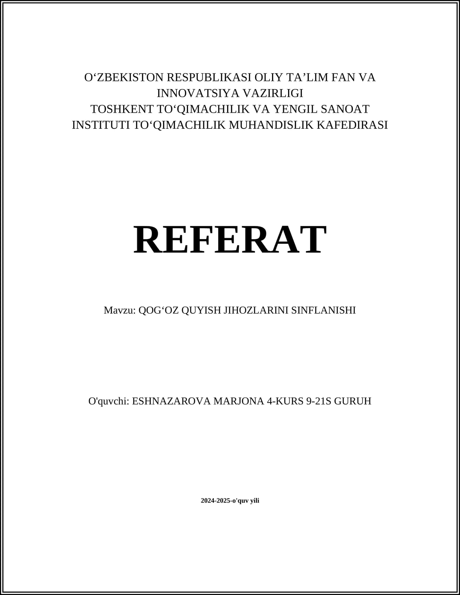 QOGʻOZ QUYISH JIHOZLARINI SINFLANISHI