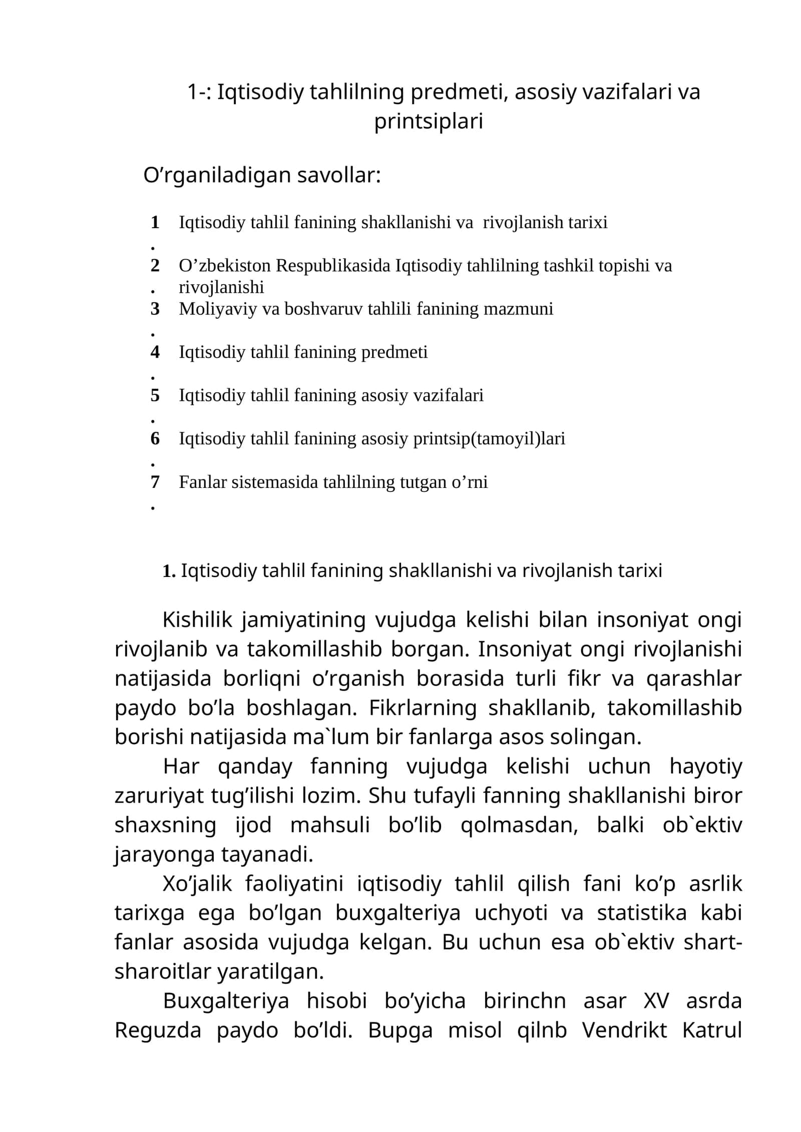 Iqtisodiy tahlilning predmeti, asоsiy vazifalari va printsiplari