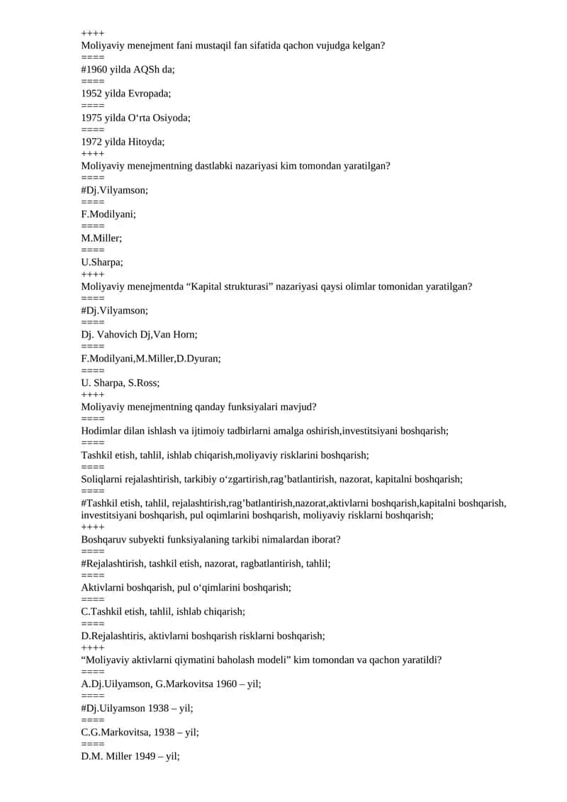 moliyaviy menejment test 2026 xxp hemis uchun