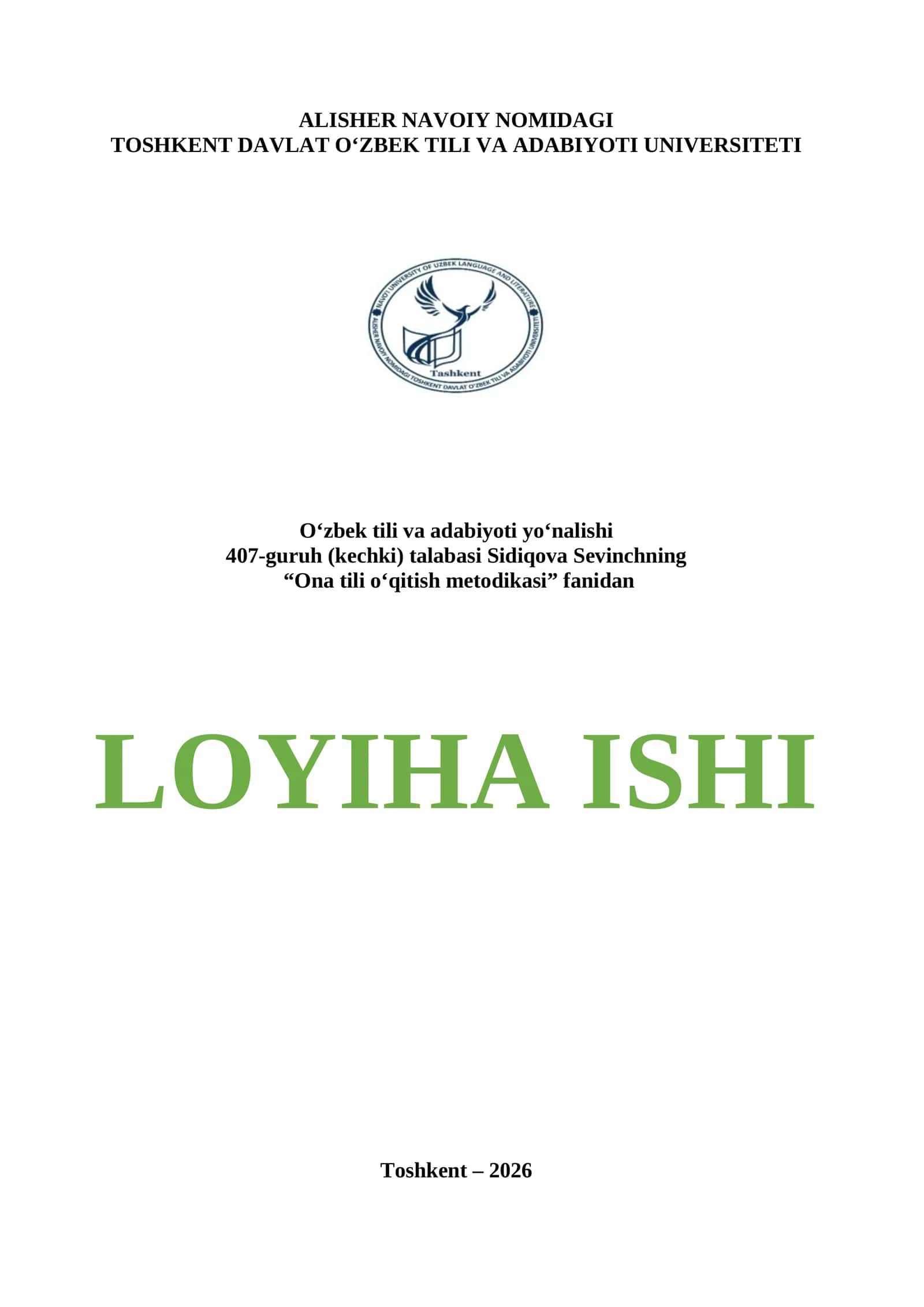 Ona tili o'qitish metodikasidan loyiha ishi
