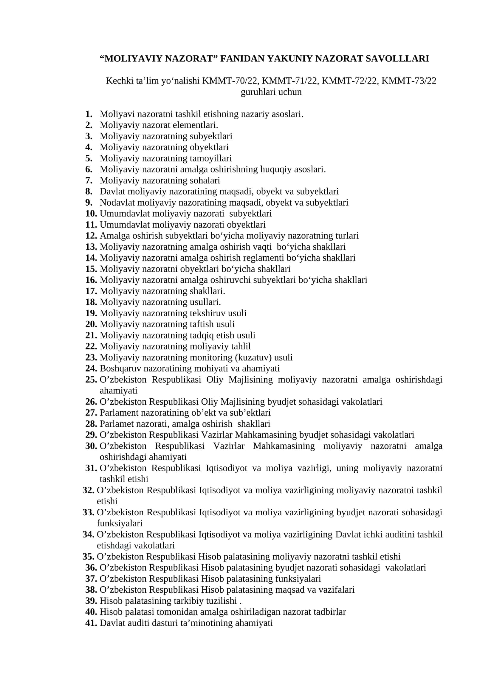 Moliyaviy Nazorat Fanidan Yakuniy Nazorat Savollari 2026