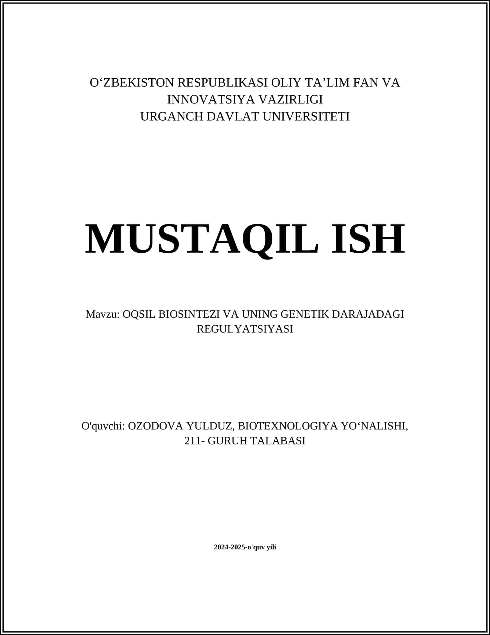Oqsil BIOSINTEZI VA UNING GENETIK DARAJADAGI REGULYATSIYASI
