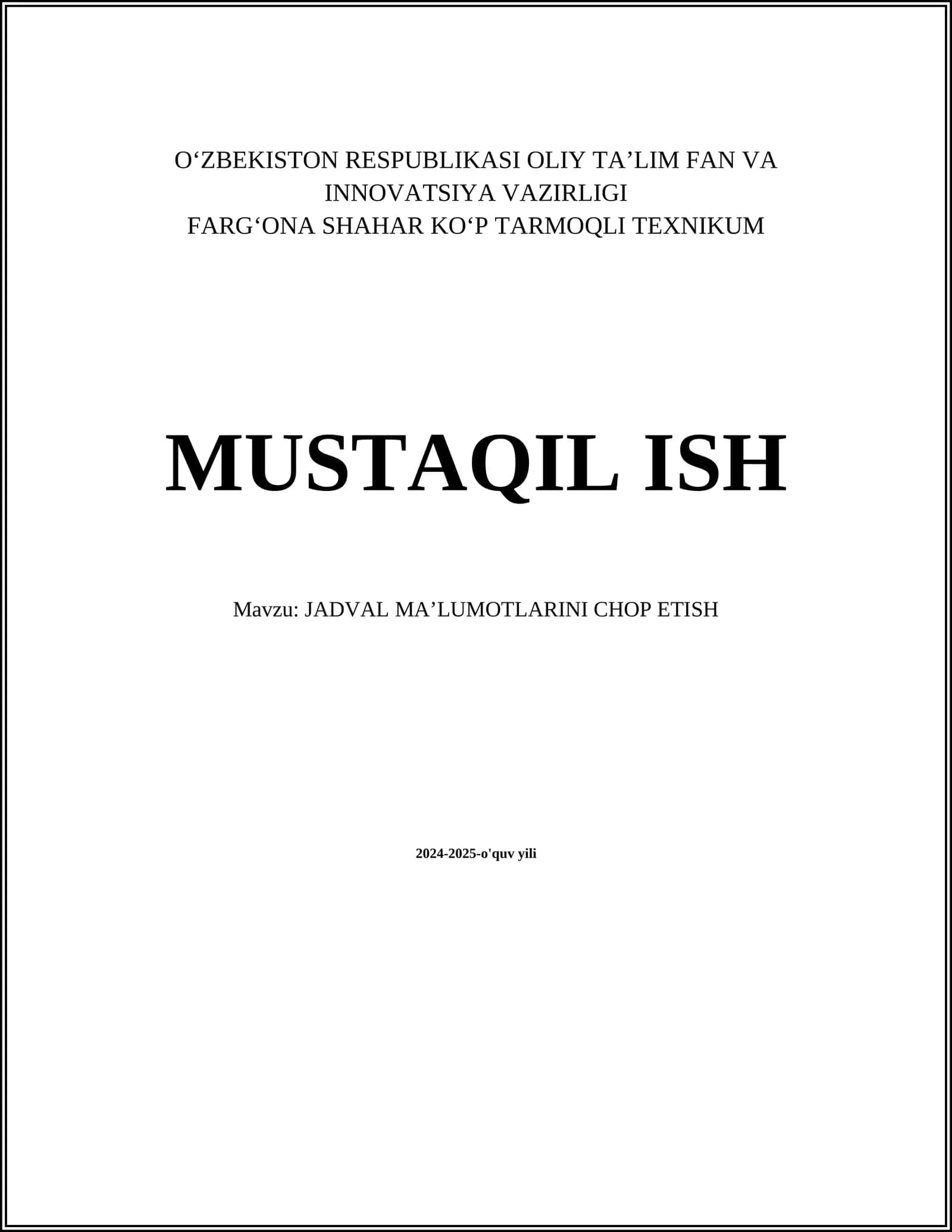 JADVAL MAʼLUMOTLARINI CHOP ETISH
