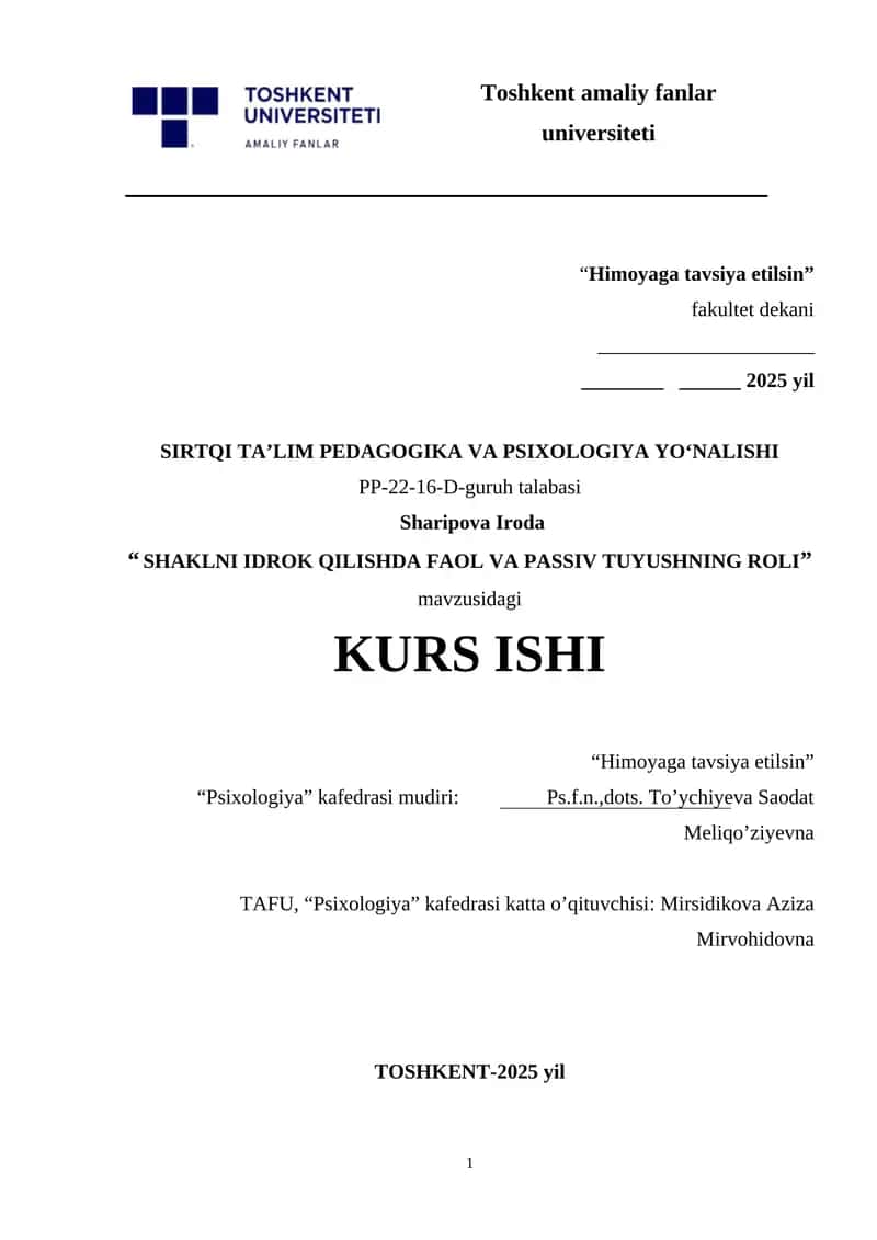 SHAKLNI IDROK QILISHDA FAOL VA PASSIV TUYUSHNING ROLI.