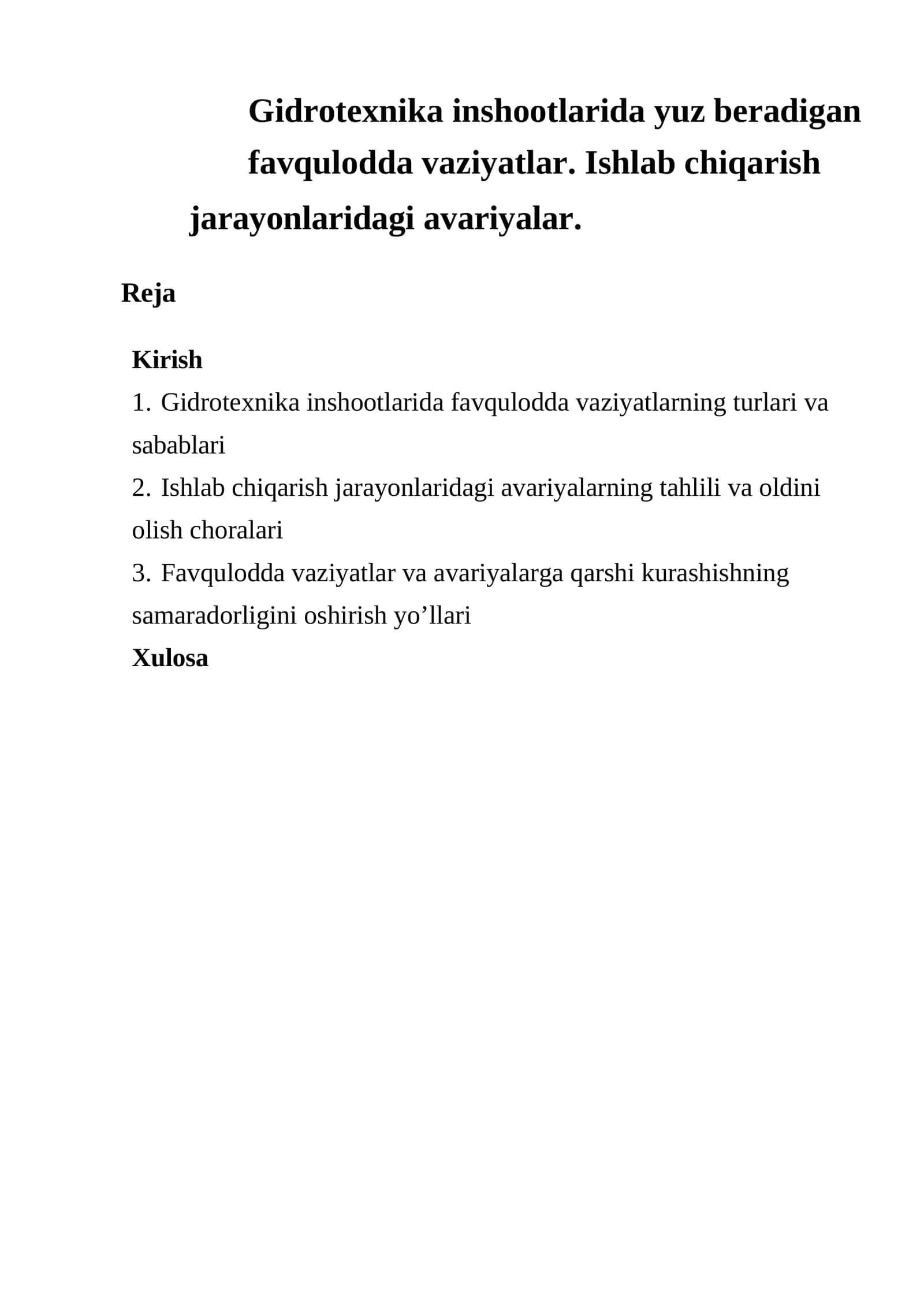 Gidrotexnika inshootlarida favqulodda vaziyatlarning turlari va sabablari