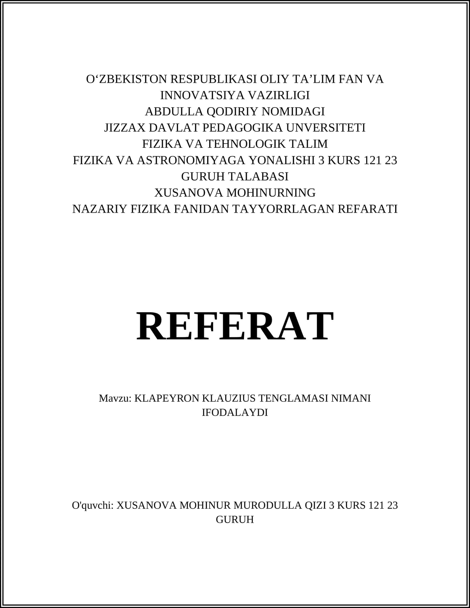 NAZARIY FIZIKA FANIDAN TAYYORRLAGAN REFARATI