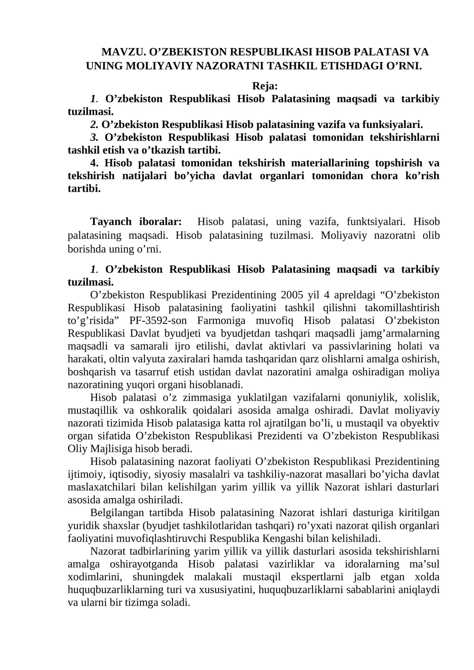 O’ZBEKISTON RESPUBLIKASI HISOB PALATASI VA UNING MOLIYAVIY NAZORATNI TASHKIL ETISHDAGI O’RNI