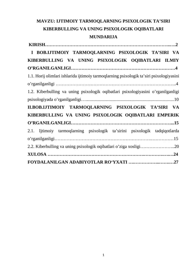 IJTIMOIY TARMOQLARNING PSIXOLOGIK TA’SIRI KIBERBULLING VA UNING PSIXOLOGIK OQIBATLARI
