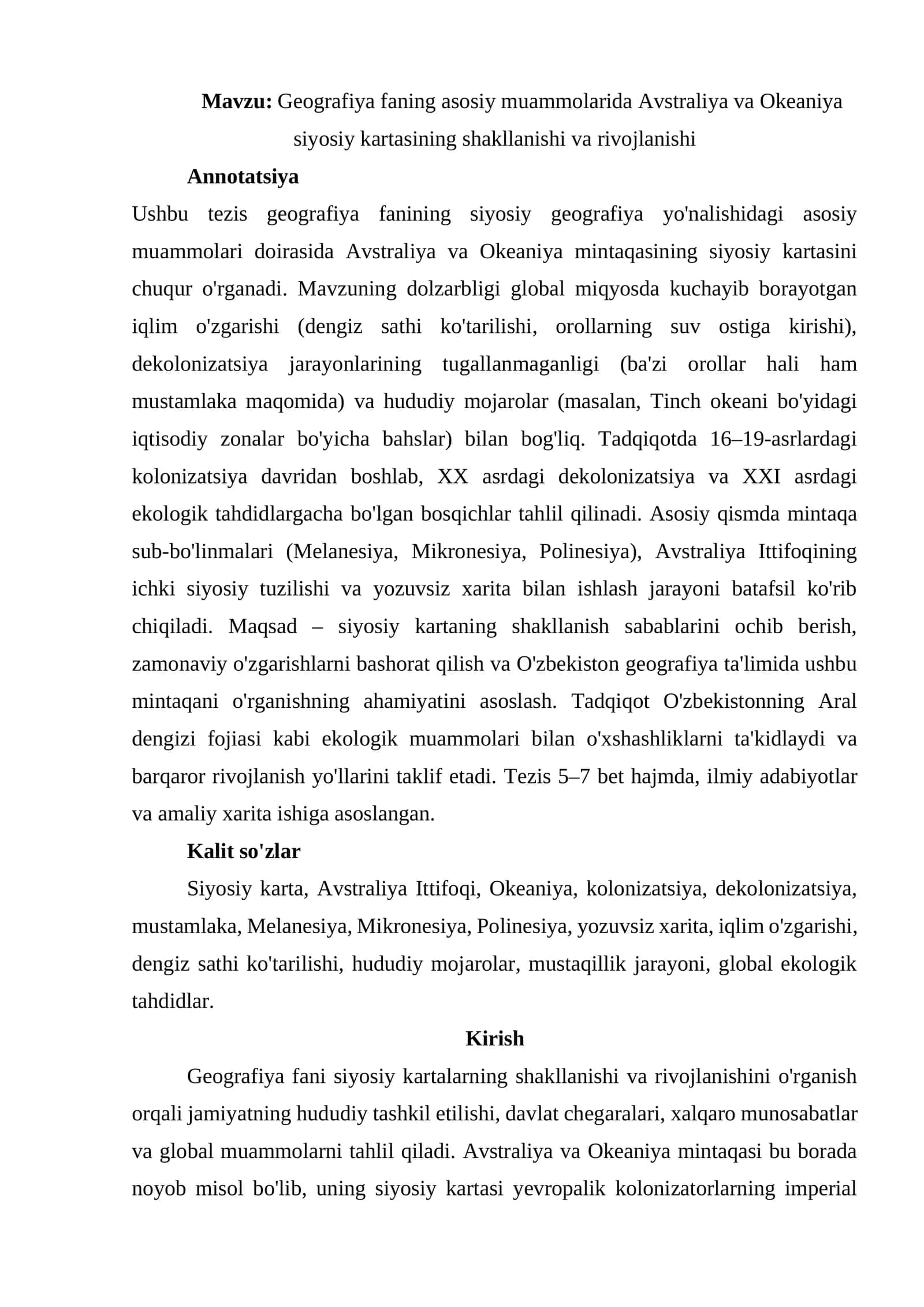 Geografiya faning asosiy muammolarida Avstraliya va Okeaniya siyosiy kartasining shakllanishi va rivojlanishi