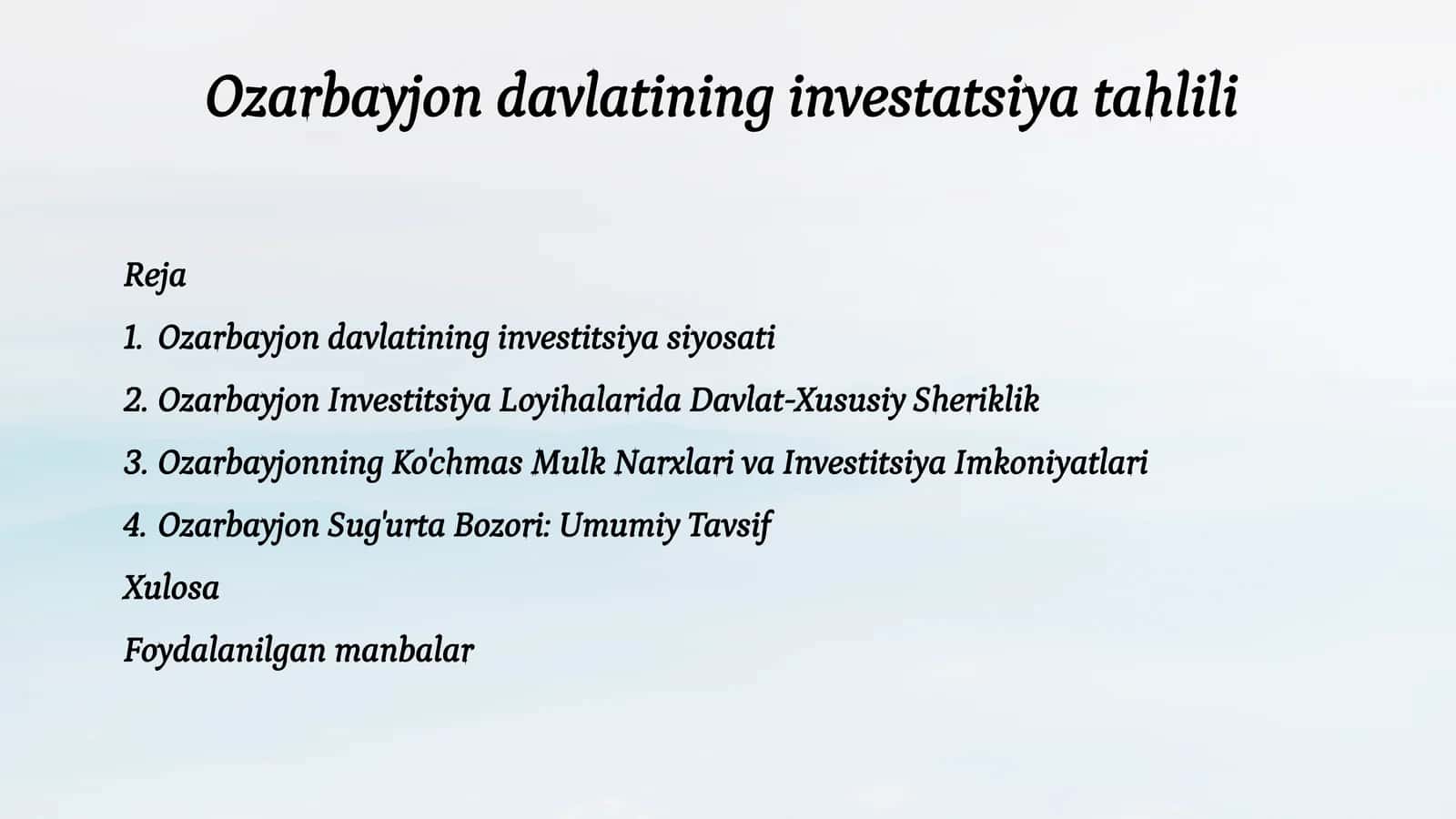 Ozarbayjon davlatining investatsiya tahlili