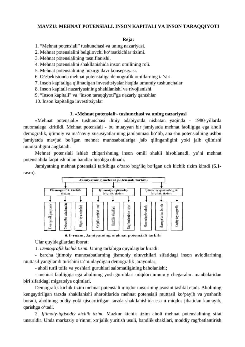 Mehnat Potensiali. Inson Kapitali va Inson Taraqqiyoti