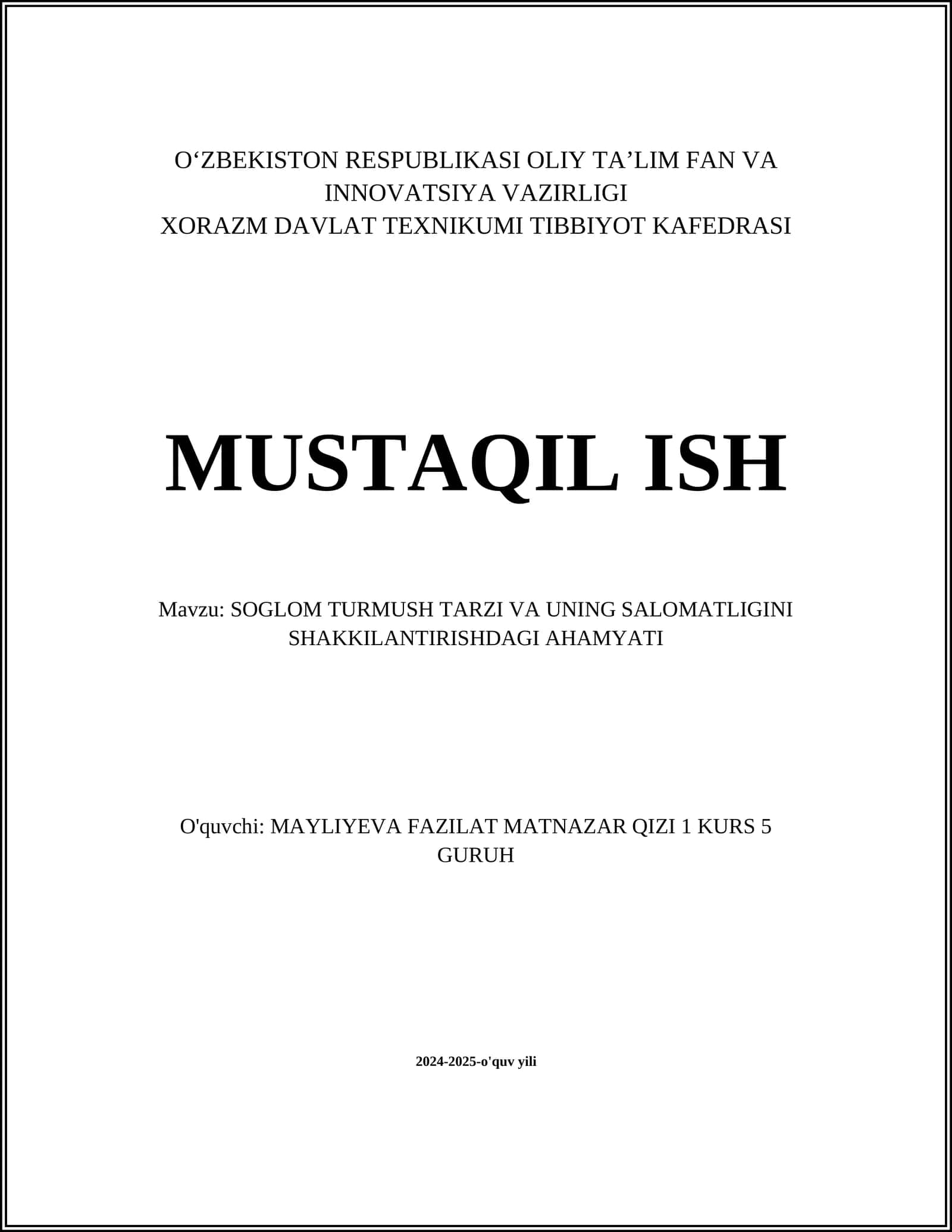 SOGLOM TURMUSH TARZI VA UNING SALOMATLIGINI SHAKKILANTIRISHDAGI AHAMYATI