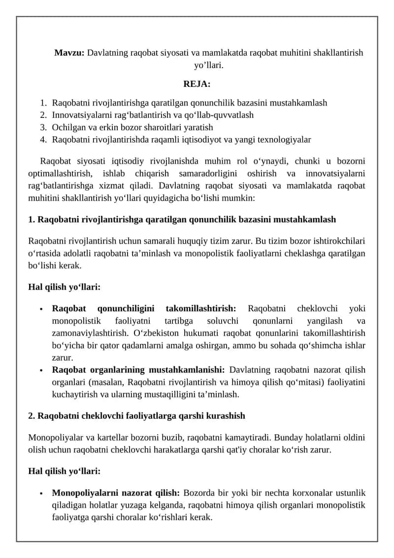 Raqobat siyosati va mamlakatda raqobat muhitini shakllantirish yo’llari