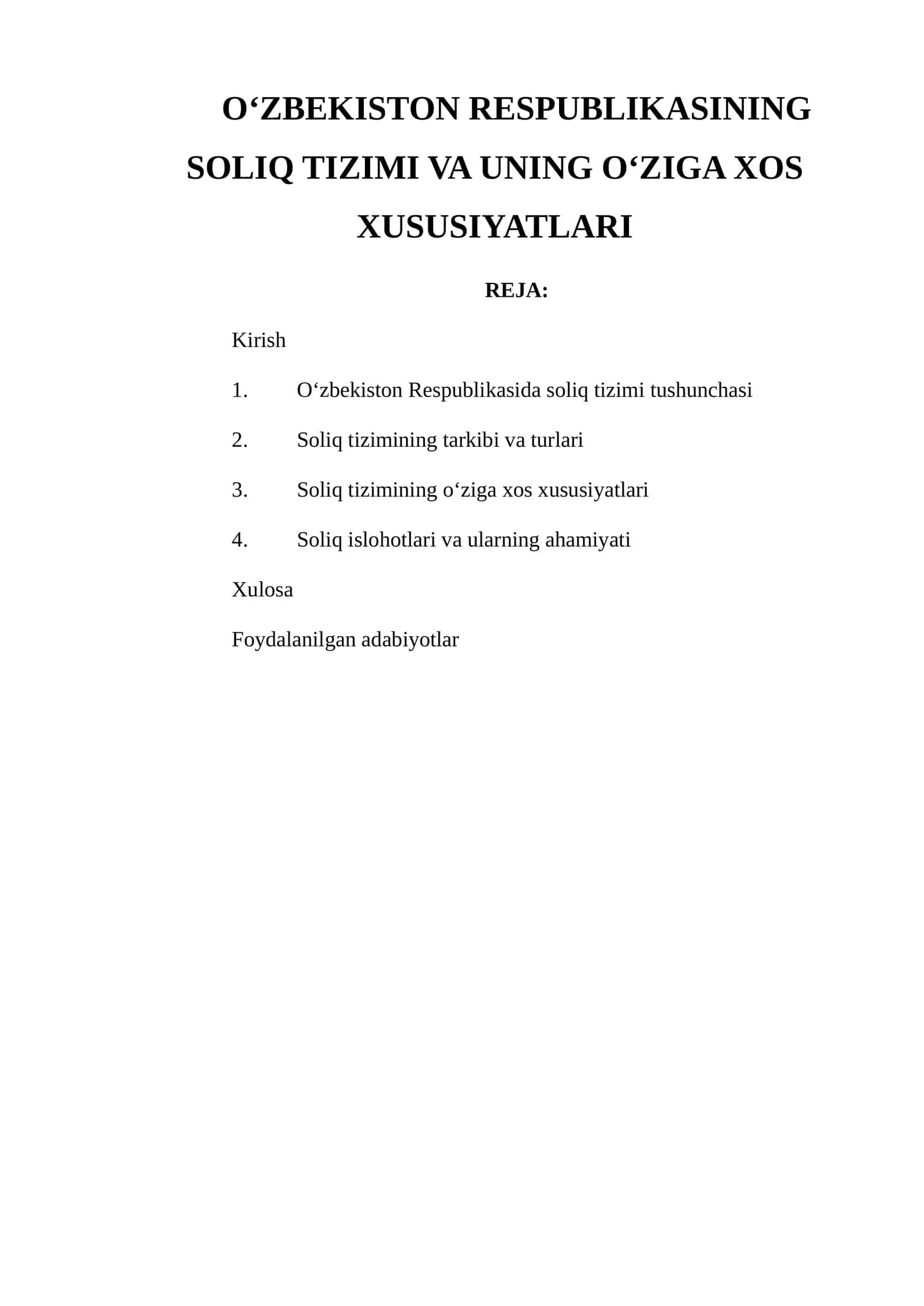 O‘zbekiston RESPUBLIKASINING SOLIQ TIZIMI VA UNING O‘ZIGA XOS XUSUSIYATLARI