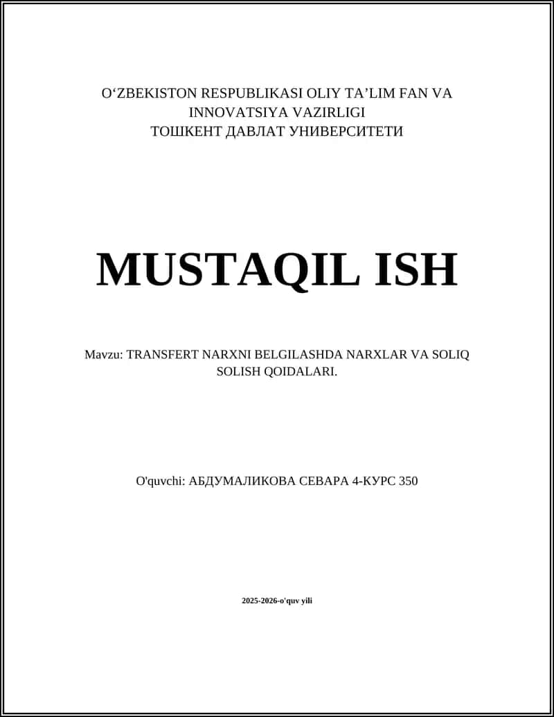 TRANSFERT NARXNI BELGILASHDA NARXLAR VA SOLIQ SOLISH QOIDALARI