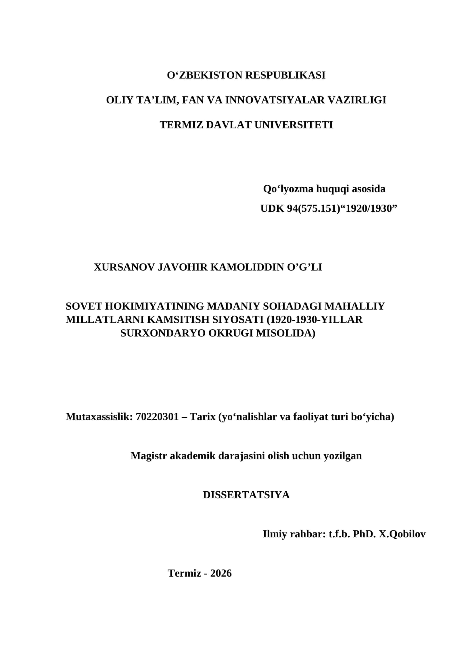 SOVET HOKIMIYATINING MADANIY SOHADAGI MAHALLIY MILLATLARNI KAMSITISH SIYOSATI (1920-1930-YILLAR SURXONDARYO OKRUGI MISOLIDA)