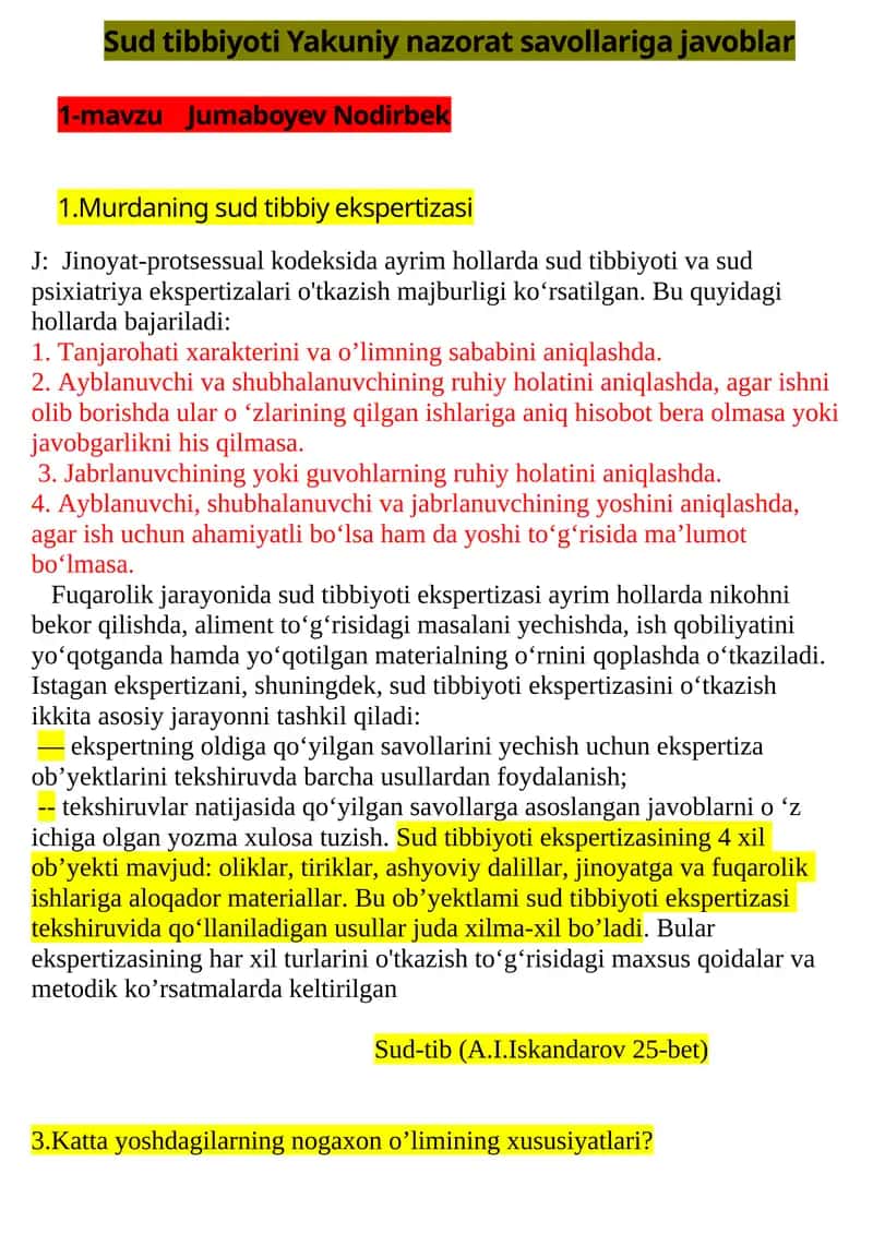 Sud tibbiyoti Yakuniy nazorat savollariga javoblar