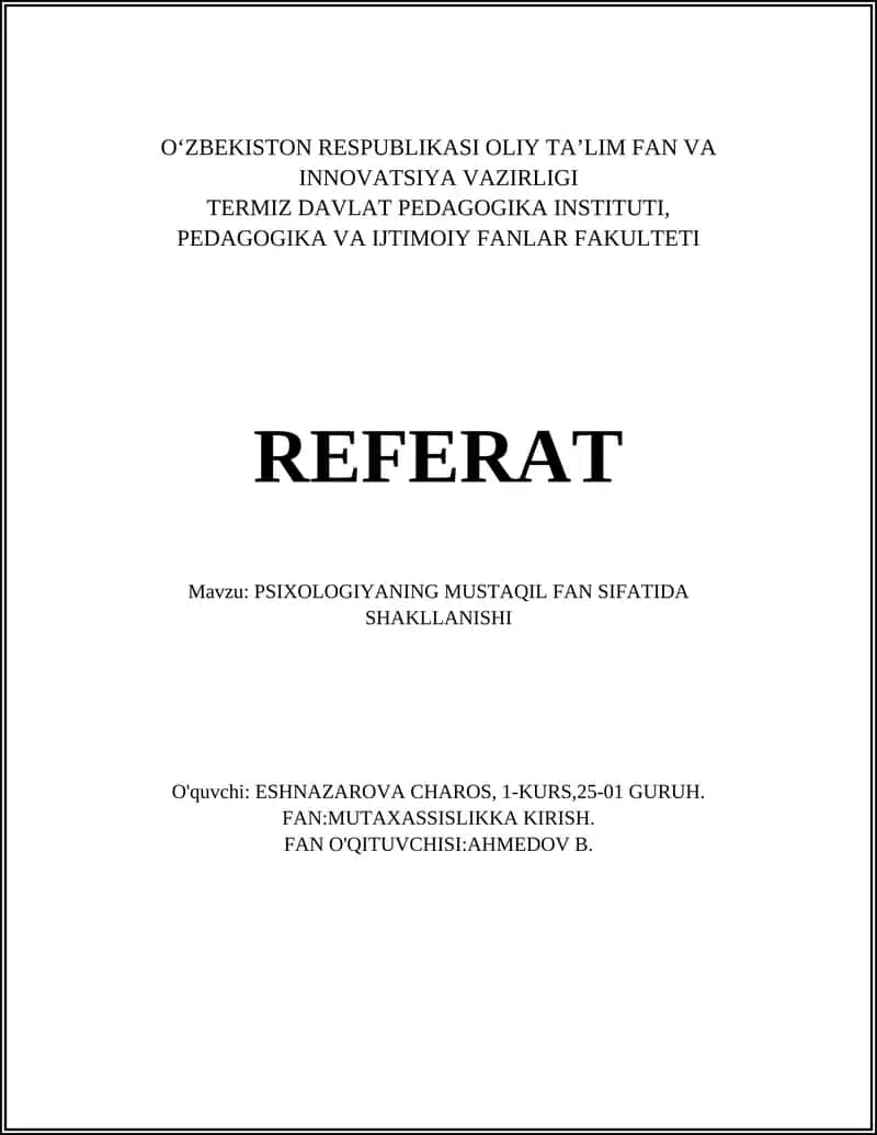 PSIXOLOGIYANING MUSTAQIL FAN SIFATIDA SHAKLLANISHI