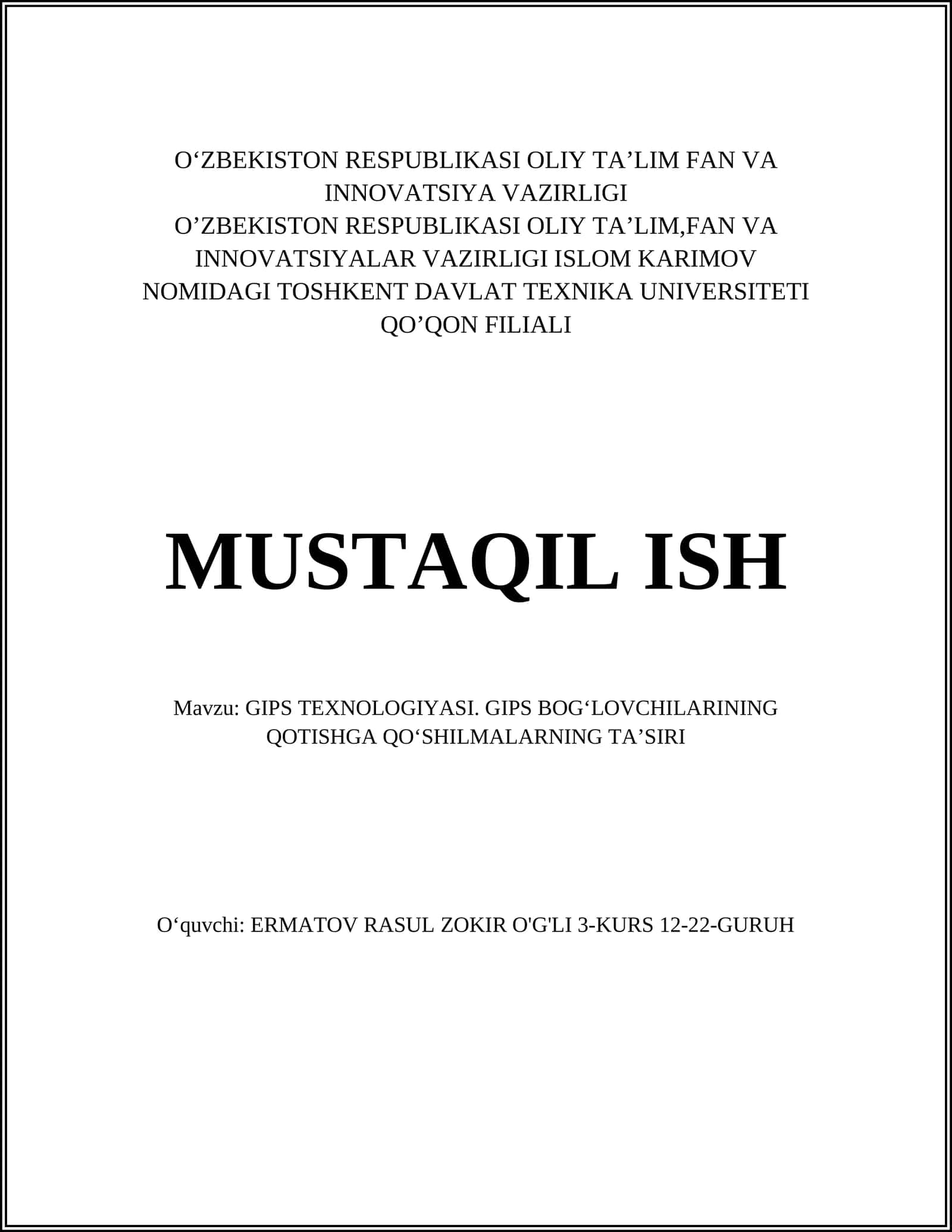 GIPS TEXNOLOGIYASI. GIPS BOG‘LOVCHILARINING QOTISHGA QO‘SHILMALARNING TA’SIRI