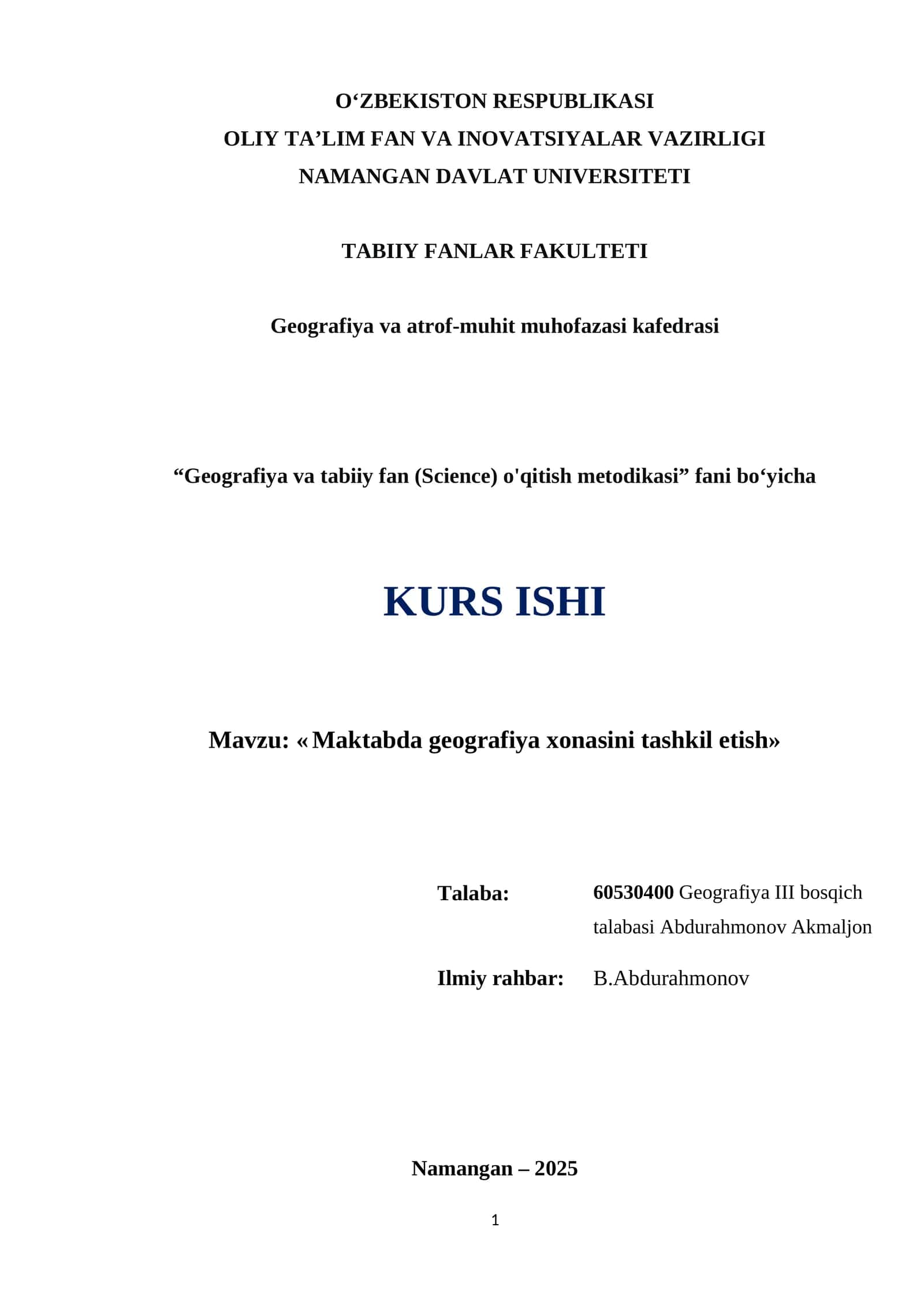 Geografiya va tabiiy fan o'qitish metodikasi