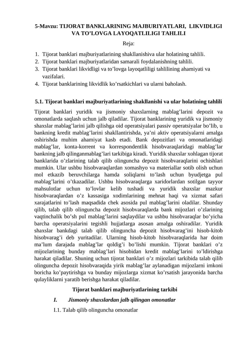 TIJОRАT BАNKLАRINING MАJBURIYATLАRI, LIKVIDLIGI VА TO’LОVGА LАYOQАTLILIGI TАHLILI