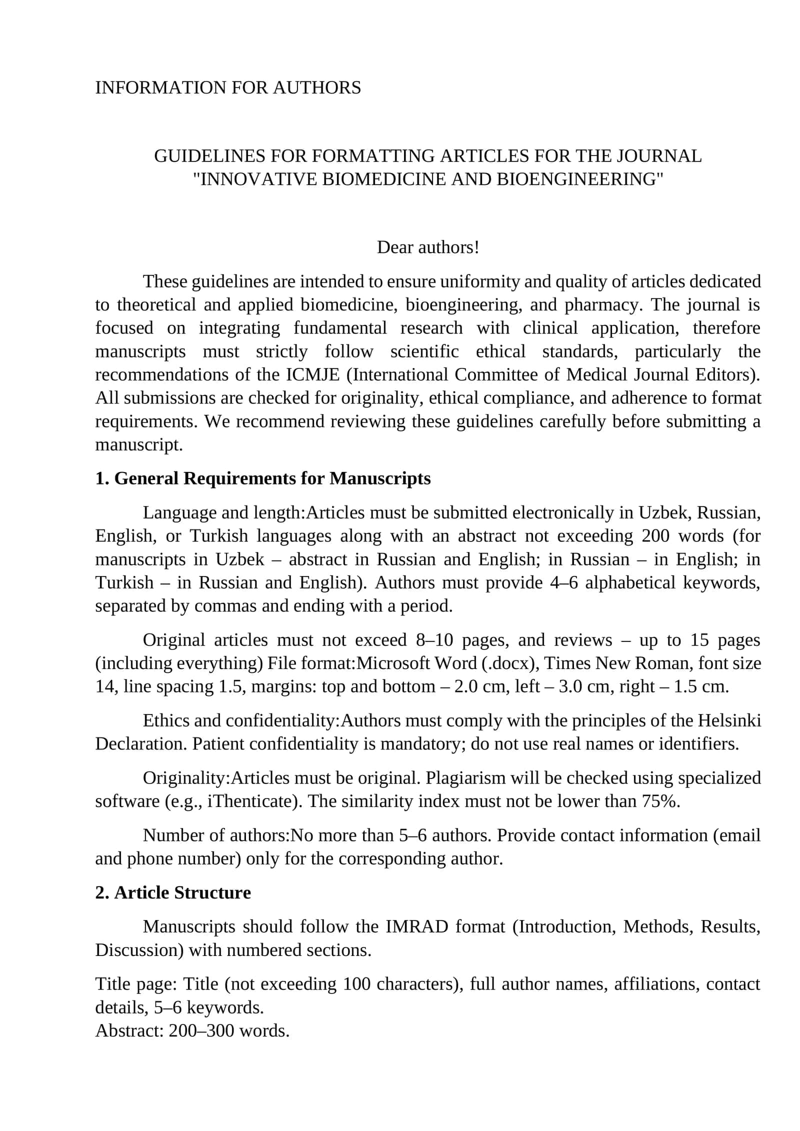 GUIDELINES FOR FORMATTING ARTICLES FOR THE JOURNAL "INNOVATIVE BIOMEDICINE AND BIOENGINEERING"