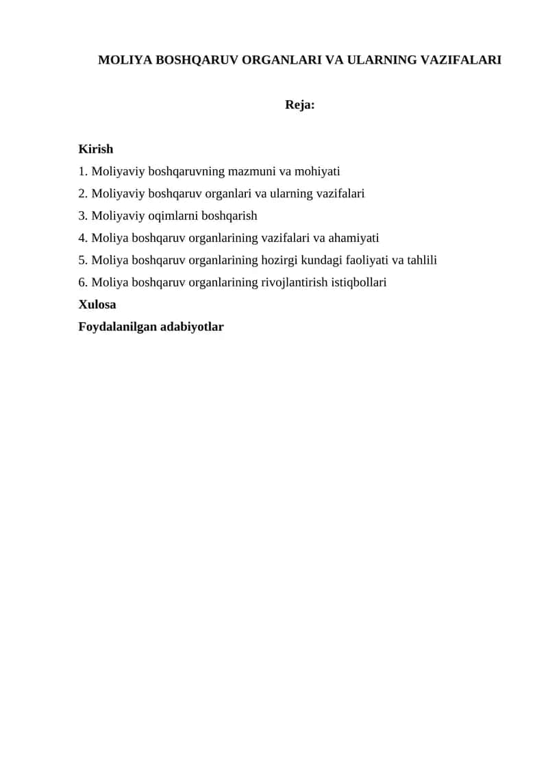MOLIYA BOSHQARUV ORGANLARI VA ULARNING VAZIFALARI