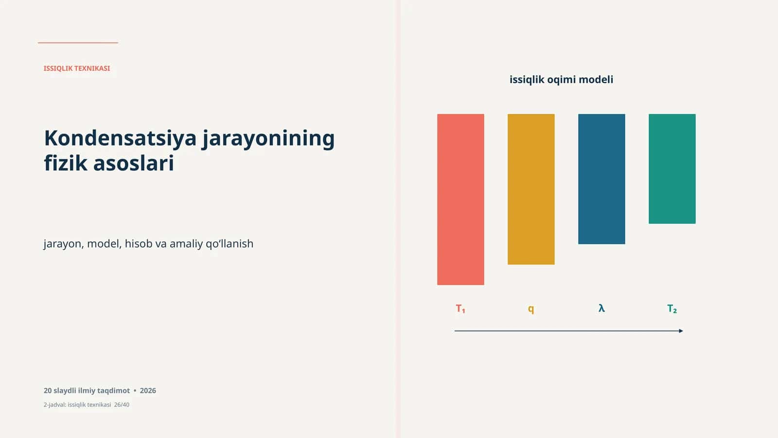 Issiqlik Teknikasi. Kondensatsiya jarayonining fizik asoslari 20 slaydli ilmiy taqdimot; Issiqlik oqimi modeli, jarayonning fizik asoslari, issiqlik qarshiligi, harorat gradiyenti haqida